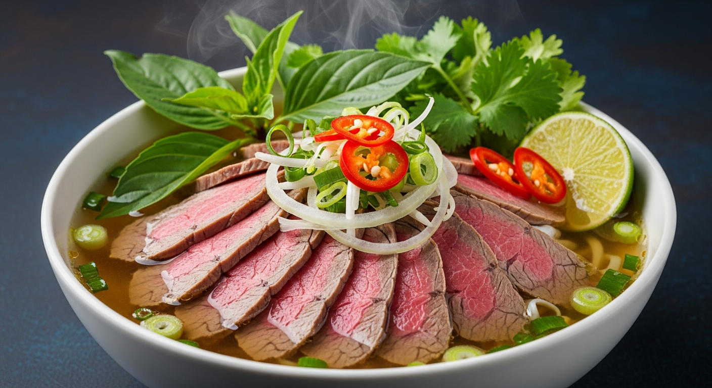 Halal-certified pho bowl with clear bone broth and fresh herbs