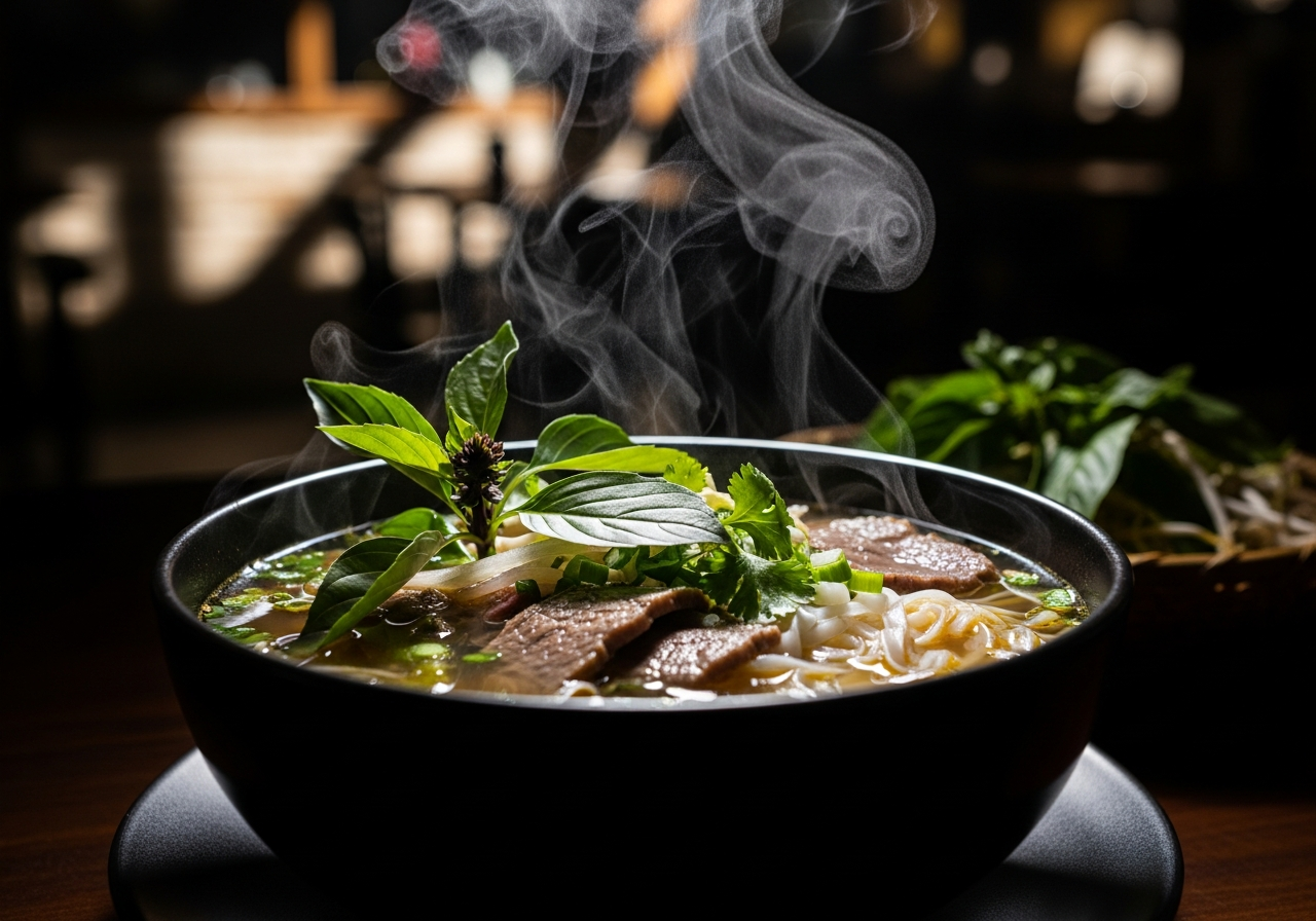 Dramatic late night pho bowl with steaming golden broth