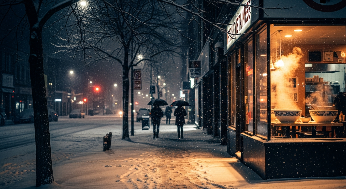 Ottawa street at night in winter with pho restaurant glowing warmly
