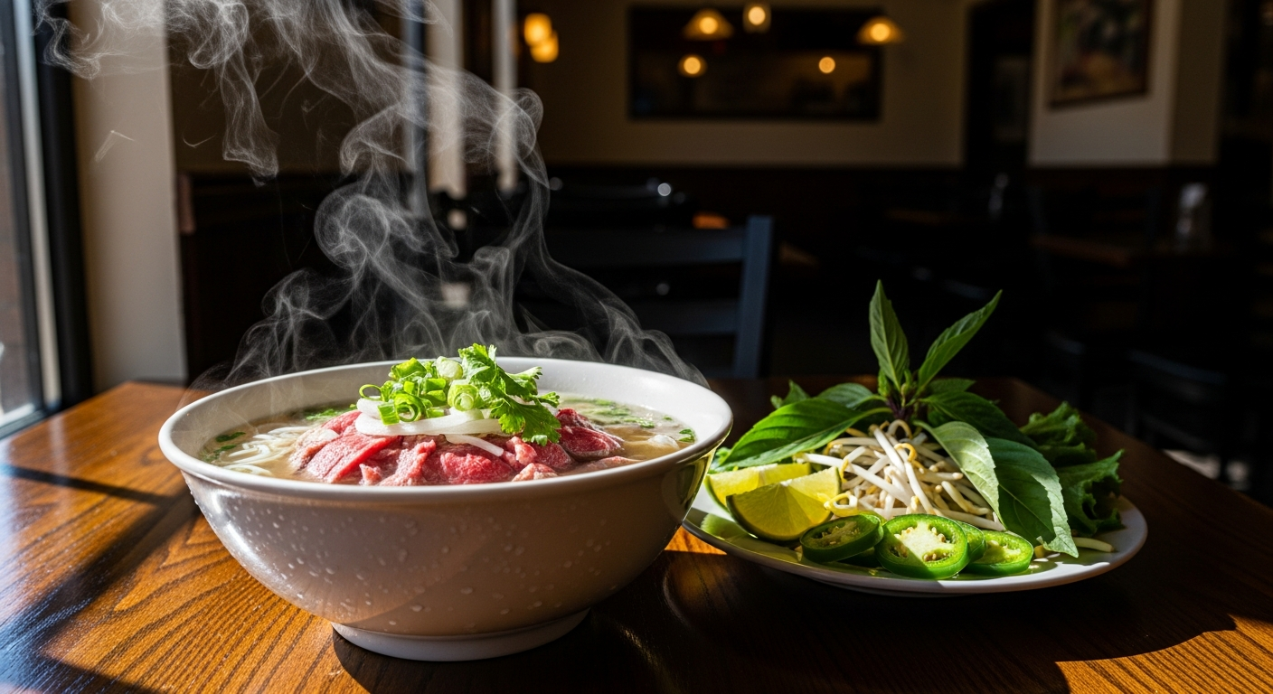 Steaming pho bowl in a ByWard Market restaurant