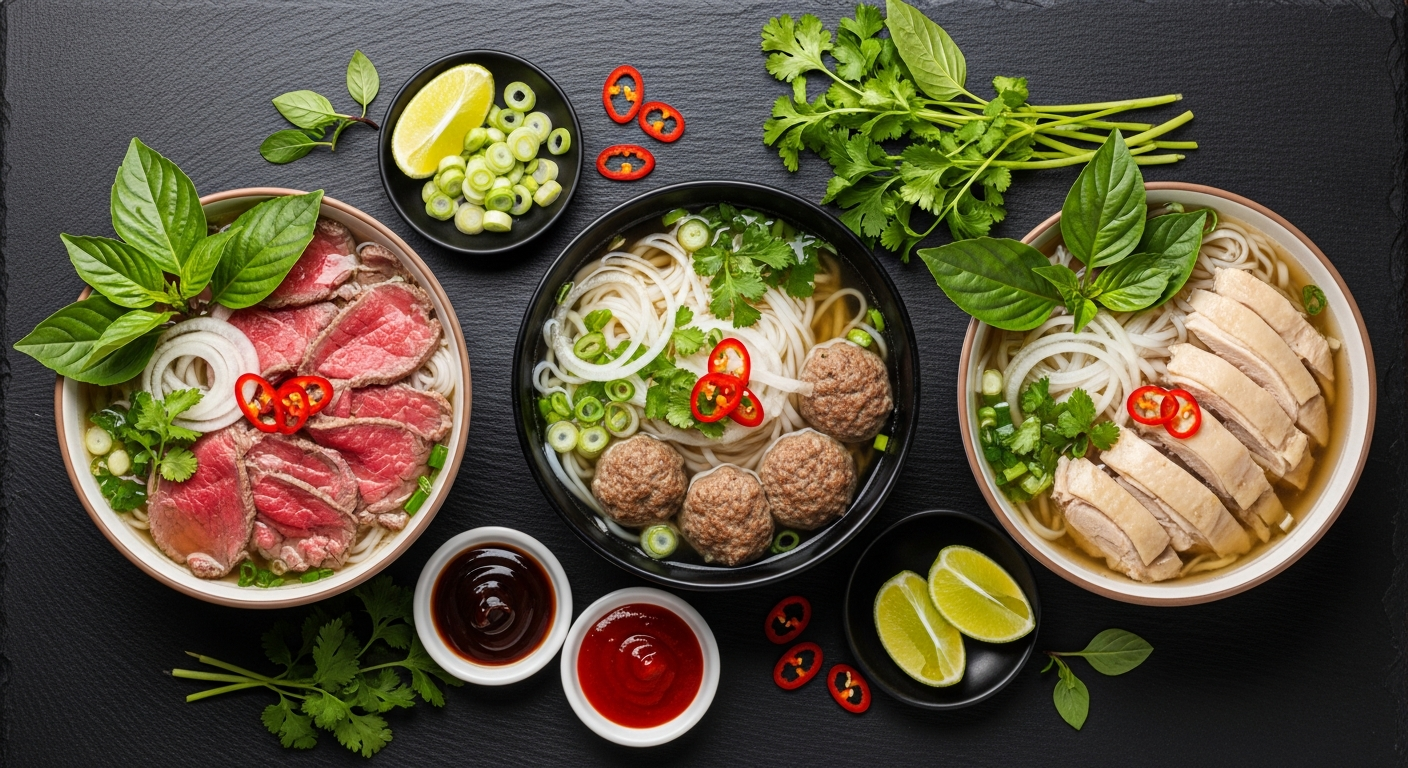 Three pho bowls ranked side by side — the best pho noodles in Ottawa