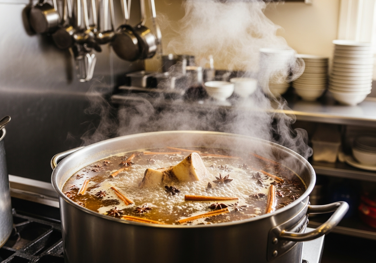 Pho bone broth cooking in a large stockpot with star anise and spices