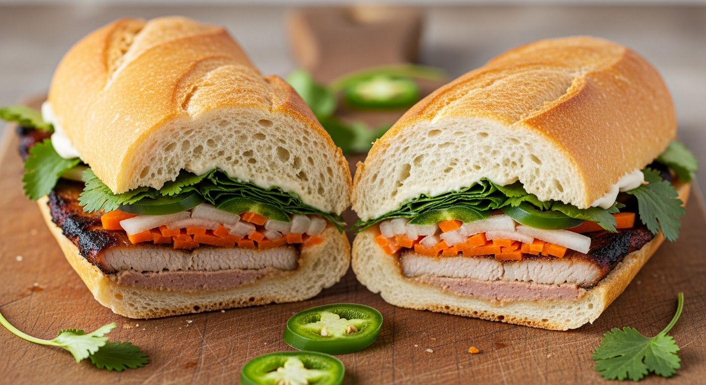 Crispy banh mi sandwich from Pho By Night, showing layers of grilled meat, pickled vegetables, and fresh cilantro