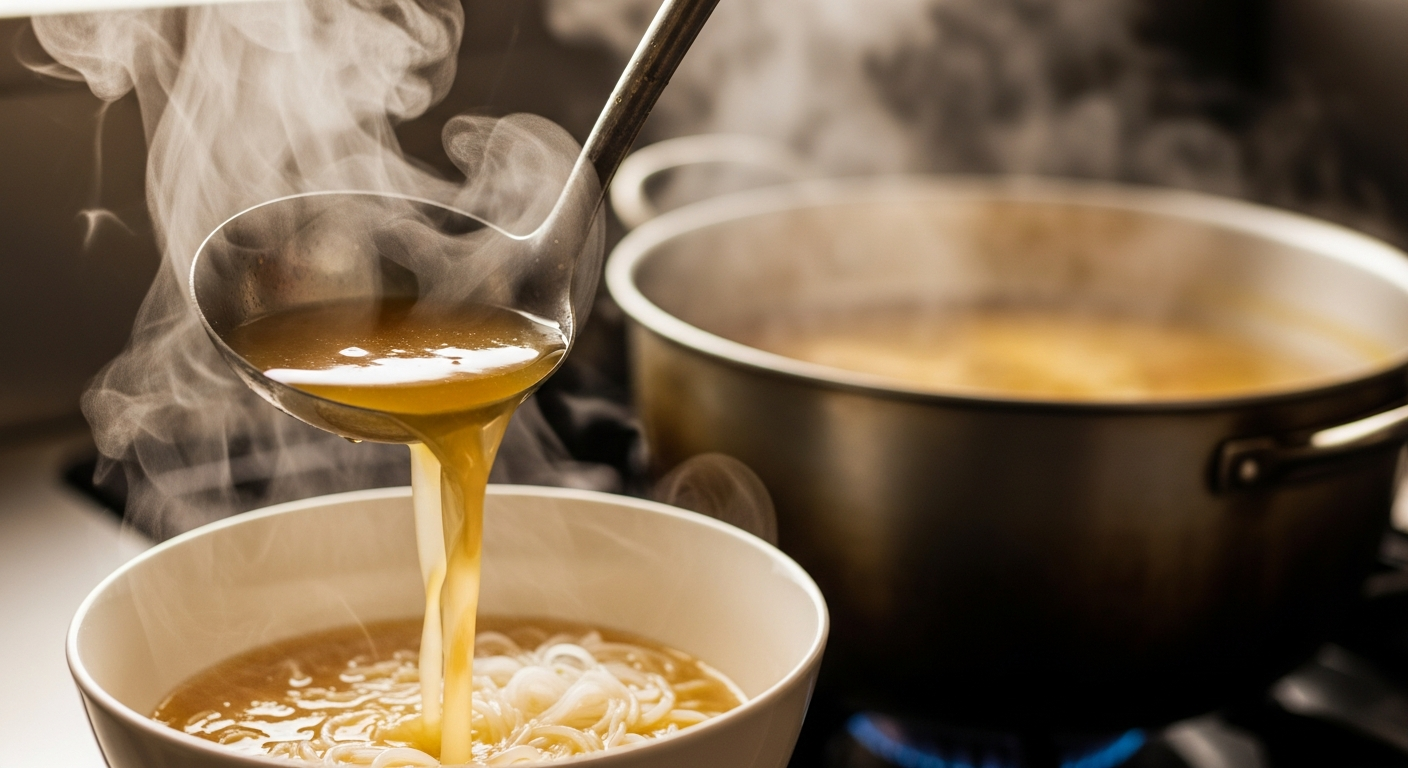 Rich golden pho bone broth being ladled, showing the depth and clarity of Pho By Night's signature 24-hour broth