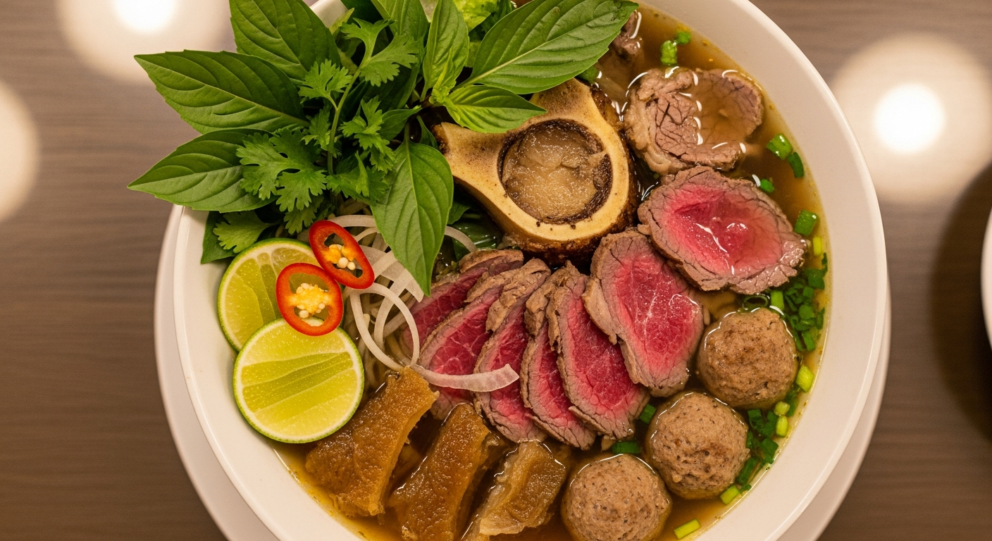 Pho By Night's signature Pho Supreme bowl with rare sirloin, brisket, tendon, and house-made beef balls