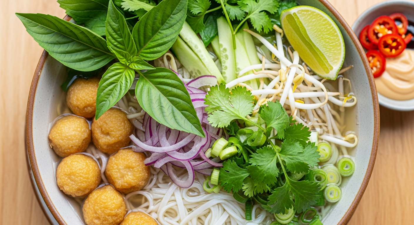 Pho By Night's vegan pho with golden tofu puffs, fresh vegetables, and fragrant vegetable broth