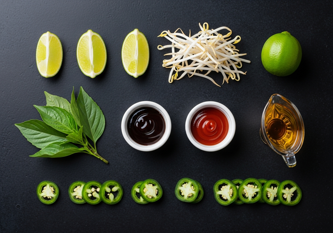All pho garnishes and condiments laid out — the complete guide