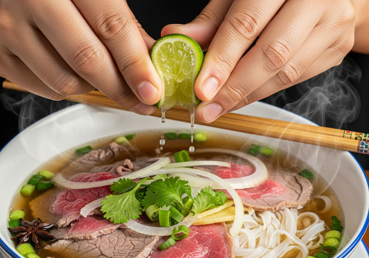 Hands squeezing lime into pho — the classic first step