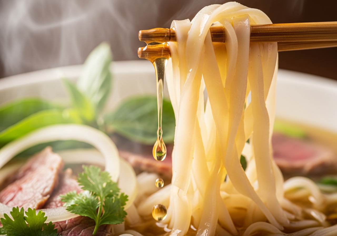 Close-up of silky flat rice pho noodles