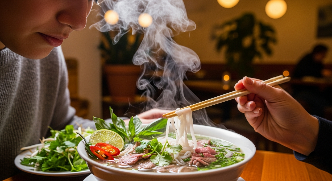 A warm, comforting bowl of Vietnamese pho with steam rising, creating a relaxing atmosphere