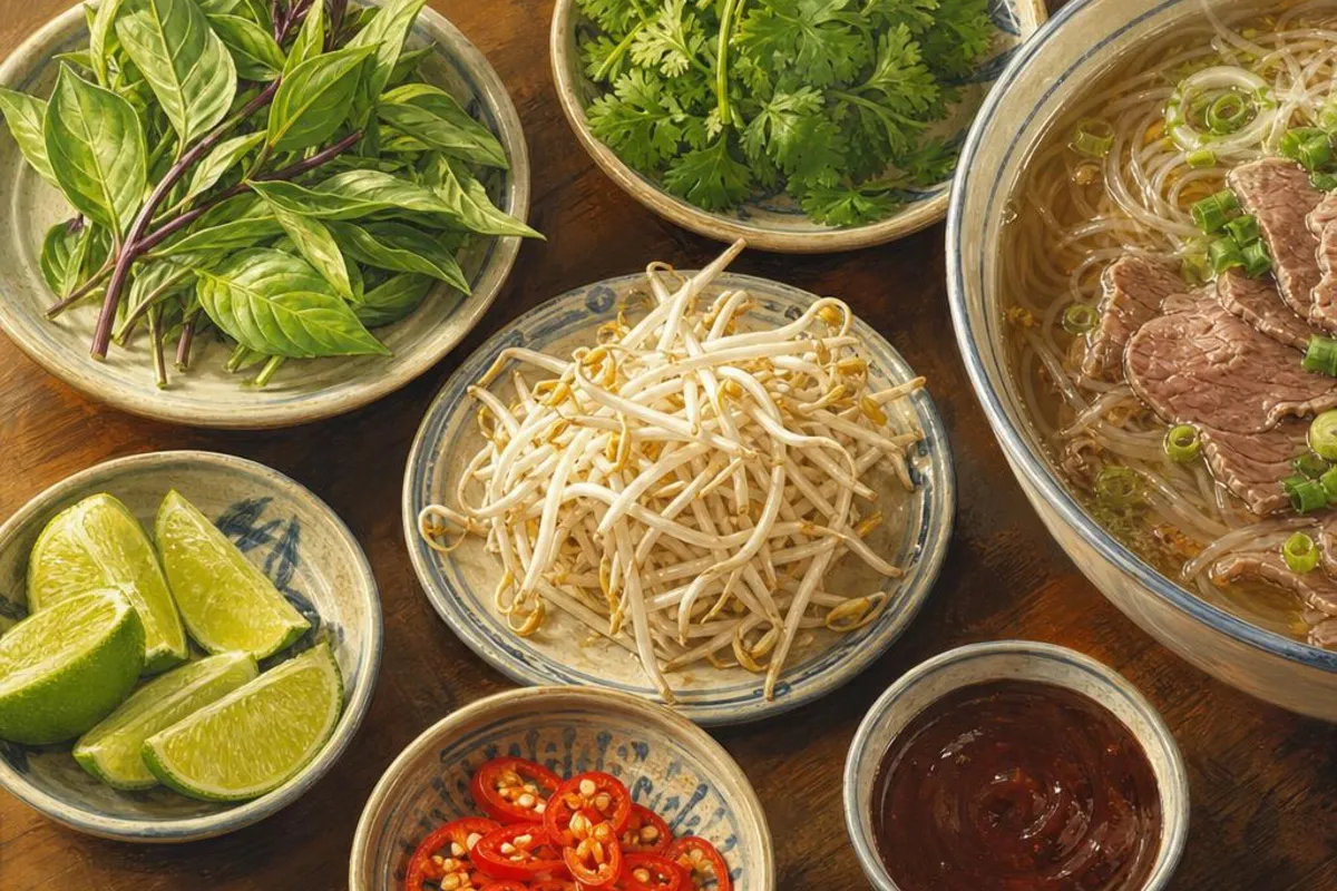 AI illustration of Thai basil, bean sprouts, lime and chilli served beside a bowl of pho
