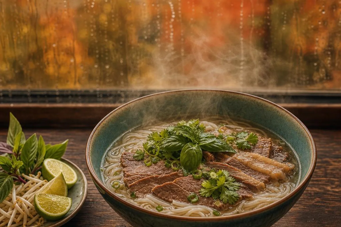 AI illustration of steaming beef pho with lime and herbs beside an autumn window