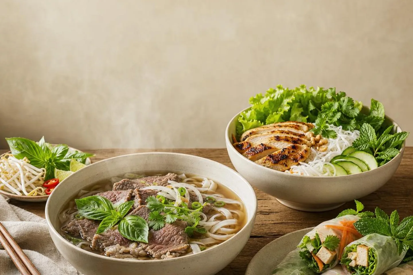 Illustration of a Vietnamese dinner with beef pho, grilled chicken vermicelli and tofu summer rolls