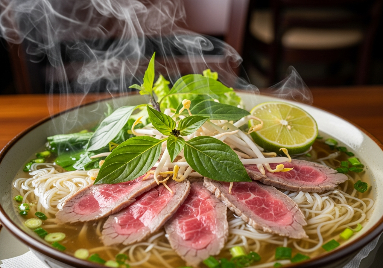 Traditional Vietnamese beef pho with clear golden broth