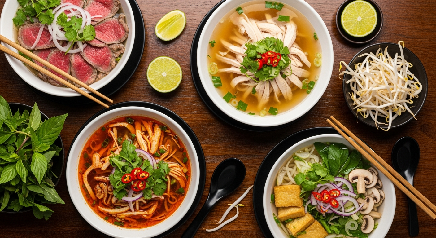 Four different types of Vietnamese pho broth bowls