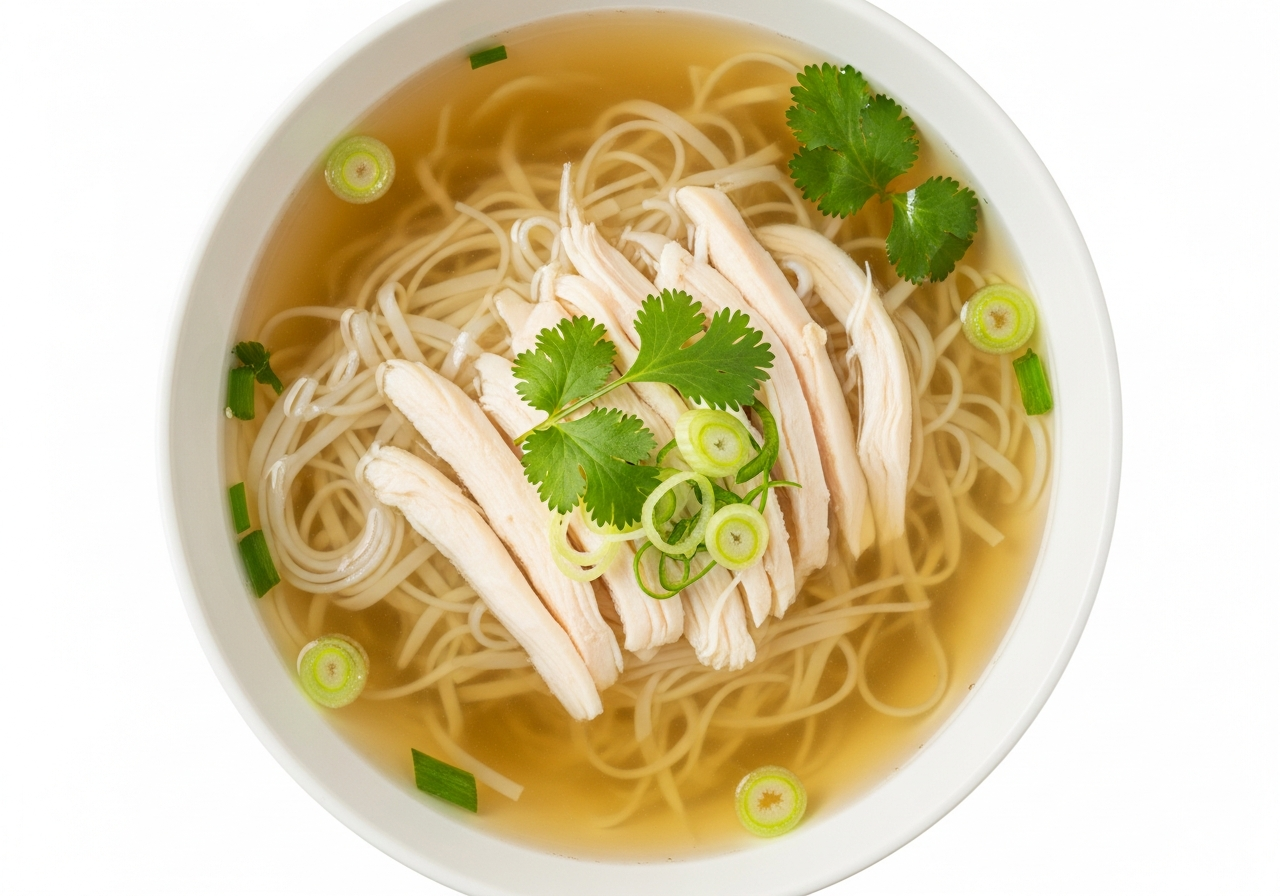 Vietnamese chicken pho with light golden broth