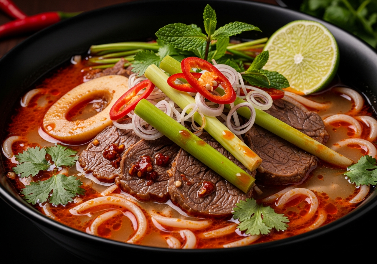 Spicy Vietnamese Bun Bo Hue with rich reddish-orange broth