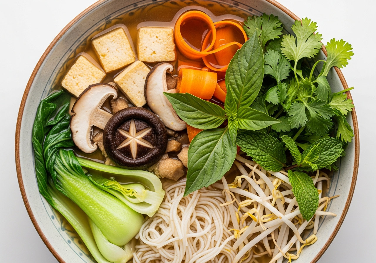 Vietnamese vegetarian pho with mushroom-based broth